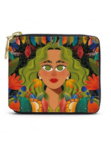 Kalankit Cartera de arte bohemio para mujer, delgada, de piel vegana, diseño de cara, con cierre de cremallera, tarjetero para monedas, organiza una idea de regalo para ella