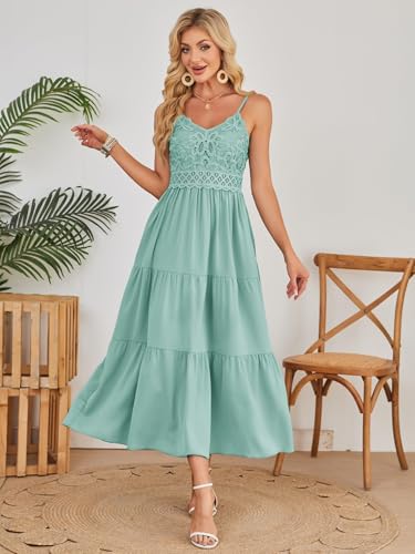 Image of Dokuritu Women's Beach Crochet Lace Maxi Dress Solid Color Summer Vacation Wedding Guest Spaghetti Strap Long Dress