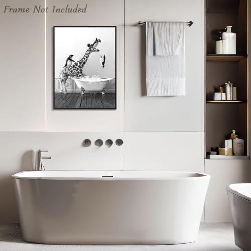 Dazzlewall Funny Bathroom Wall Art Giraffe and Penguins Jump in Bathtub Print, Black and White Animal Picture for Bathroom Toilet Decor 12×16 in Unframed - Cosy Home Interiors Dazzlewall Funny Bathroom Wall Art Giraffe and Penguins Jump in Bathtub Print, Black and White Animal Picture for Bathroom Toilet Decor 12×16 in Unframed - Image 2