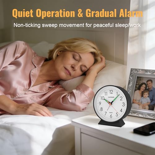Image of 4.5 Inch Small Silent Analog Alarm Clock, Retro Battery Operated Desk Clock with Night Light Stays On 4 Seconds Vintage Metal Table Clock for Bedside, Nightstand, Bedroom, Office, Bathroom - Black