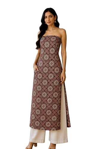 Image of Ethnics of Kutch Womens's Ajrakh Modal Silk Natural Dye Hand Block Print Unstitched Kurta Fabric