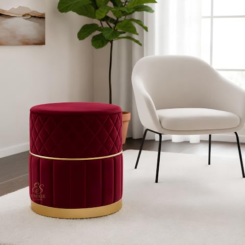 Image of Set of 2 Round Velvet Ottoman Footstool Gold Base - Tufted Upholstered Pouffe Stool for Living Room, Bedroom & Dressing Area (Maroon-2)