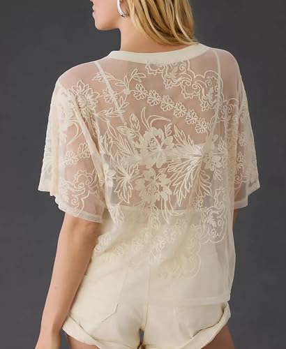 Aimiray Women's Sexy Lace Tops Short Sleeve Round Neck Mesh 3D Printed Floral Sheer Blouse See Through Layering Shirt Tops