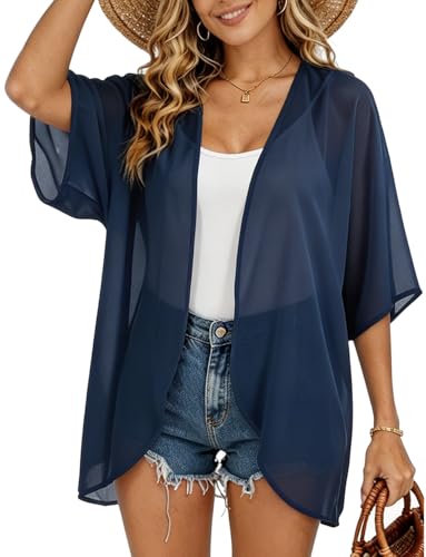 Image of FINOCEANS Womens Floral Chiffon Kimono Cardigans Loose Beach Cover Up Half Sleeve Tops