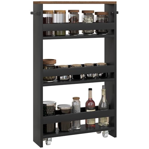 HOMCOM Carro de almacenamiento con ruedas, Muebles, Carritos Auxiliares, 3 niveles de almacenamiento y asa, dim. 51,5 x 13 x 80 cm, para cocina, cuarto de baño, oficina, color negro