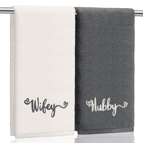 Tingjoo 2 Pcs Wifey Hubby Hand Towels 100% Cotton Embroidered Bathroom Towel Gift for Valentine's...