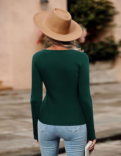 Image of Zeagoo Sweaters for Women 2025 Knit Trendy Long Sleeve Lightweight Slim Fit Pullover Cutout Tops Dark Green Medium