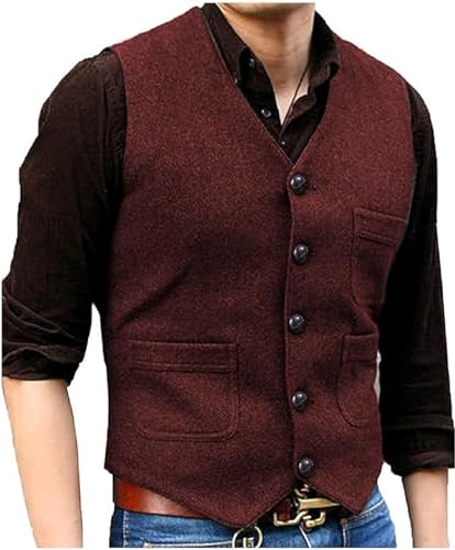 Yarizm Mens Vintage Wool Suit Vest V Neck Herringbone Waistcoat for Wedding Groomsmen 5