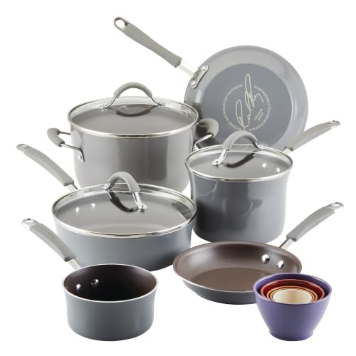 Image of Rachael Ray Cucina Nonstick Cookware Pots and Pans Set, 14-Piece, Sea Salt Gray