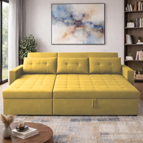 Image of Emilio 4 Seater LHS L - Shape Pull-Out Sofa Cum Bed Sofa for Living Room (Yellow Fabric Color) Premium Fabric Sofa Set for Living Room Sofa Cum Bed