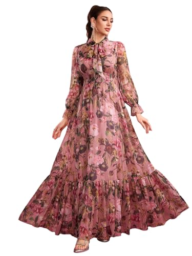 Image of TOLEEN Summer Casual Dresses for Women 2024 Spring Fashion Boho V Neck Long Sleeve Ruffle Floral Print Elegant Maxi Dress
