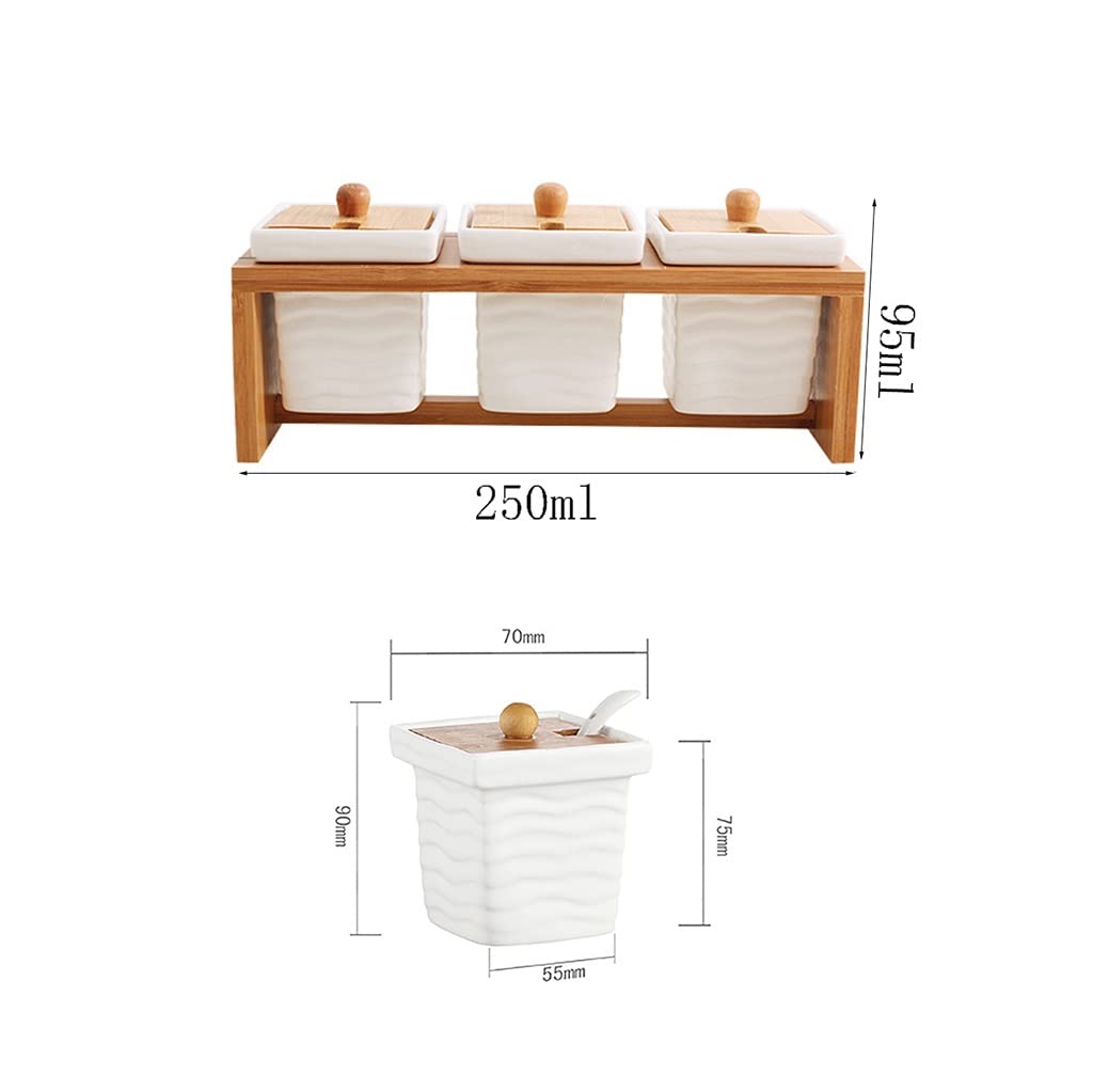 3-częściowe pojemniki na przyprawy z pokrywkami, porcelanowe słoiki na przyprawy z łyżkami do serwowania i dwupoziomowym drewnianym bambusowym stojakiem ekspozycyjnym