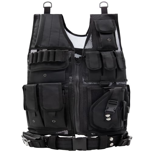 Oushome Tactical Vest, Lightweight Adjustable Airsoft Vest with Detachable Belt & Holster, Tactical Vest for Men for Adults CS/Hunting/Training/Cosplay