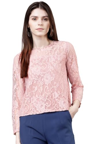 Image of Tokyo Talkies Women's Three-Quarter Sleeves Round Neck Self Design Tops| Stylish Casual wear