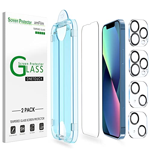 Image of amFilm Screen Protector OneTouch Compatible with iPhone 13, iPhone 13 Pro (6.1 inch, 2021) Tempered Glass and Camera Lens Protector, Edge to Edge Full Coverage Easy Installation Kit, Plastic, 2+2 Pack