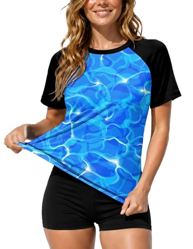 Image of AOBUTE Women Short Sleeve Rash Guard UPF 50+ Tropical Sun Protection Floral Swim Shirts