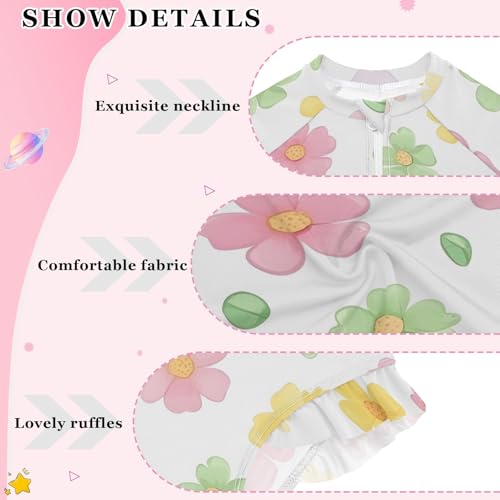 Pastel Flowers White Girls One Piece Swimsuit Rash Guard Long Sleeve Beach Swimwear 3T4
