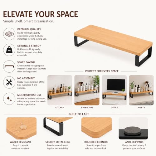 Image of Decorlay Engineered Wood Monitor Stand Riser for Desk, Desktop Organizer with Metal Legs, Computer Screen Stand for Office & Home, Laptop Stand Shelf, Tabletop Storage Rack, Wooden Desk Organizer for Monitor Keyboard Accessories