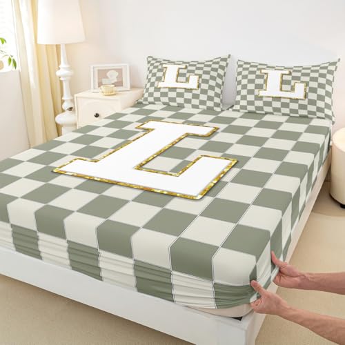 Image of Erosebridal Sage Green Checkered Sheet Set King Plaid Initial L Bed Sheets Personalized Monogram Bedding for Kids Boys Girls,Fashion Grids Gingham Bed Sheets Set 4 Piece