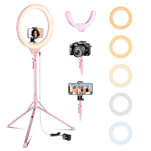 Image of Aureday 14'' Pink Selfie Ring Light with 62'' Tripod Stand and Phone Holder, Dimmable LED Phone Ringlight for Makeup /Video Recording /Photography, Circle Lighting for Cell Phones&Lightweight Cameras