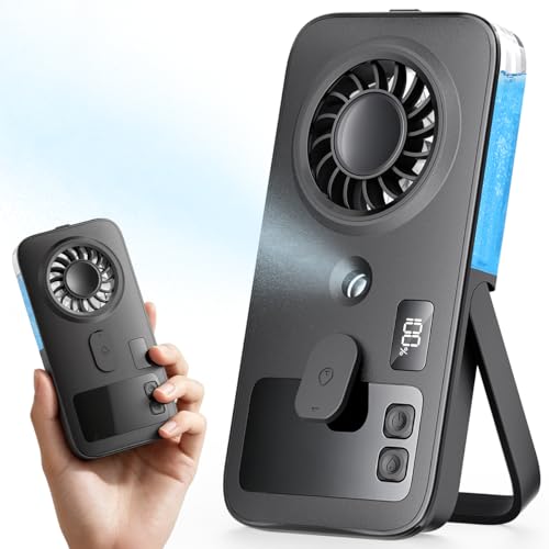 Otlonpe Mini Handheld Portable Mist Fan Small Rechargeable Handheld Fan with Water Mist Spray 4 Speeds LED Display Foldable Stand Mini Personal Misting Cooling Fans for Travel