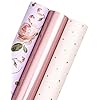 WRAPAHOLIC Pink Wrapping Paper Roll – Mini Roll – 3 Rolls – 17 Inch X 120 Inch Per Roll – Pink Floral Rose Gold Design for Wedding, Bridal Shower, Birthday, Baby Shower, Spring