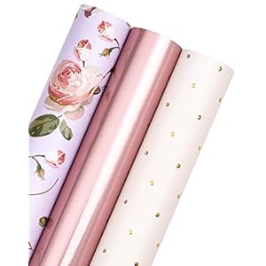 WRAPAHOLIC Pink Wrapping Paper Roll – Mini Roll – 3 Rolls – 17 Inch X 120 Inch Per Roll – Pink Floral Rose Gold Design for Wedding, Bridal Shower, Birthday, Baby Shower, Spring