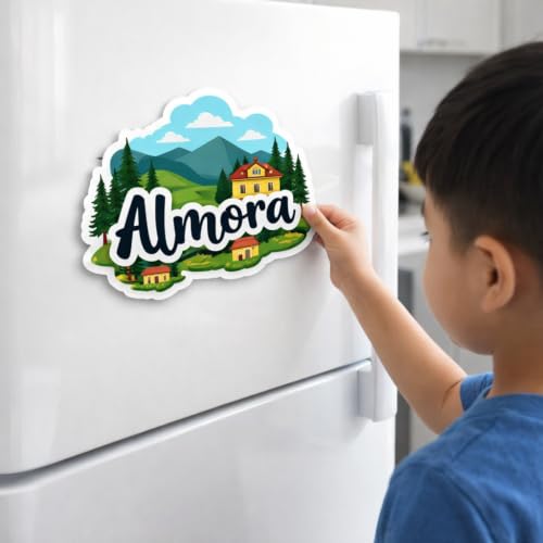 Image of Naxon Almora Uttarakhand Theme Souvenir Wooden Fridge Magnet | Himalayan Mountains, Pine Forest & Scenic Hill Design 3x3 Inch Refrigerator Magnet for Kitchen & Home Decor | Travel Gift | Pack of 1