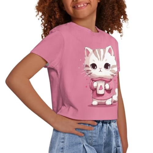 Image of Cat Pattern Summer Tops for Girls Cartoon Kids T Shirts for Girls Skin Friendly Crop Tops for Kids Girls Short Sleeve Girls Summer Shirts Soft Blouses Gift for Birthday, X-Small