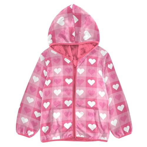 OTVEE Valentine Pink Heart Plaid Kids Hoodie Jacket Fall Spring Full Zip Warm Outwear Coat