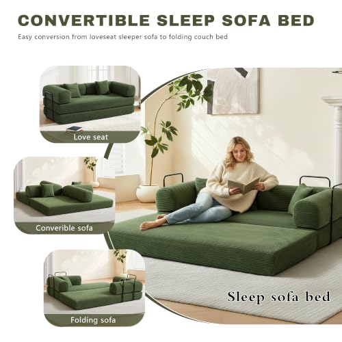 Image of 80 Inch Multi-Functional Convertible Sofa Bed, Fixed Shape Frame, High Density Foam with Corduroy, Easy Assembly, for Living Room and Bedroom. (Green)