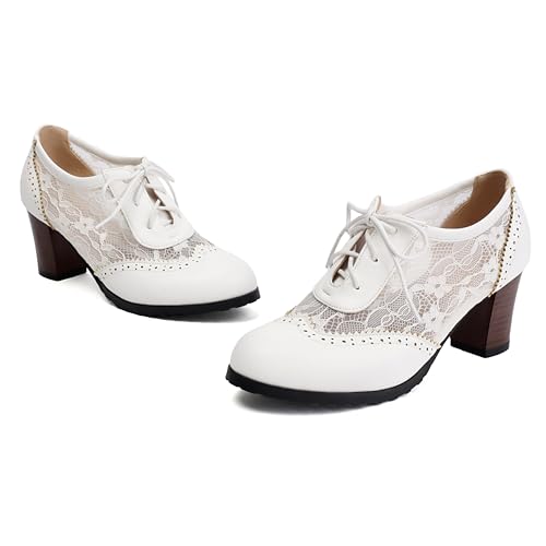 BEAUPAS Women's Vintage Oxford Pumps Lace Stacked Block Heel Wingtip Brogue3