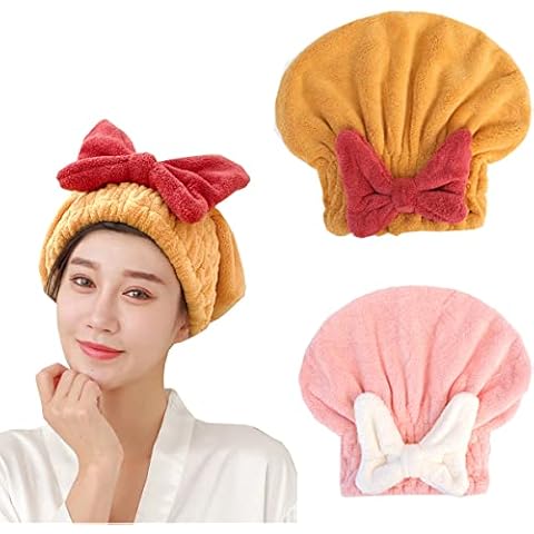 FOMAISELF 2Pack Microfiber Hair Towel Wrap,Cute Bow Quick Drying Bath Hair Cap,Soft Hair Turban Towel Absorbent Hair Drying Towel Hat for Women(Pink&Yellow) Cover