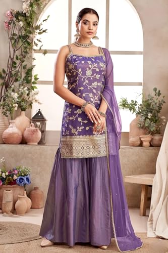 Image of Xomantic Fashion Womens Purple Color Banarasi Silk Kurta Sharara Set