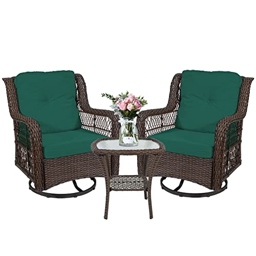 3 Piece Patio Swivel Bistro Chair Set Outdoor Rattan Wicker Bar Rocker Chairs,Bistro Furniture Set for Backyard Garden, Patio Rattan Furniture Sets with Cushion and Backrest (Blue-Green)