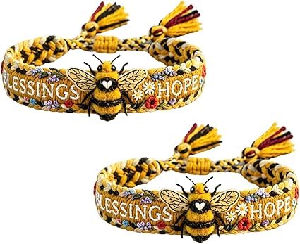 Pulsera tejida a mano con diseño de abeja, ajustable y floral, de cordón de algodón con motivos florales naturales. Un símbolo de bendiciones y esperanza para mujeres, madres y amigas.