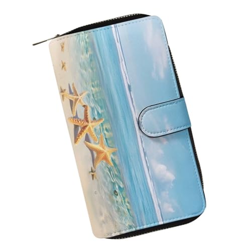 Beachside Starfish Print Slim Wallet Women PU Leather Clutch Portable and Multifunction Wallet RFID Blocking Wallet