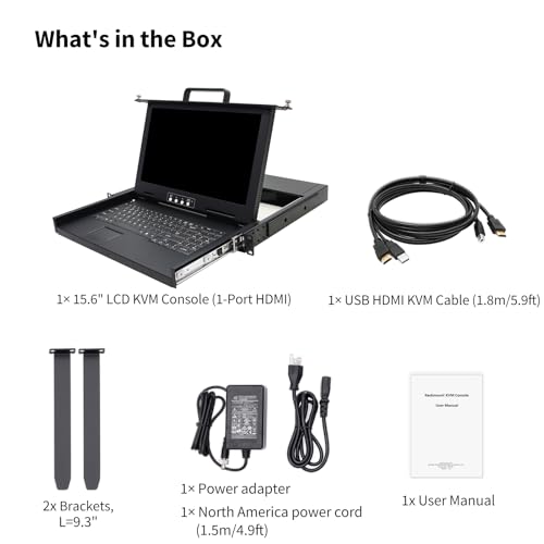 Image of 1U Rack Mount KVM Console- 15.6 inch 1080P Rackmount Monitor+ Single Port HDMI KVM + Keyboard+ Touchpad, Short Depth 14.17 inch, Fits 19 inch Wide Network Cabinet, Incl. 1 USB HDMI Cable,1 Power Cord, 2 Brackets
