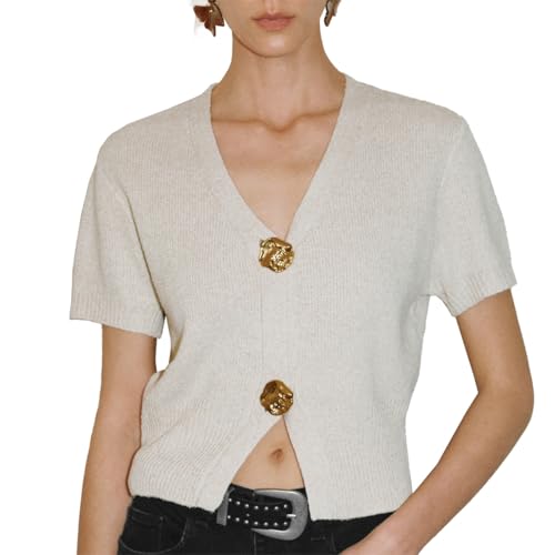 Image of URBAN REVIVO Women's Cardigan Sweaters Short Sleeve V Neck Gold Button Down Cropped Knit Casual Summer Tops