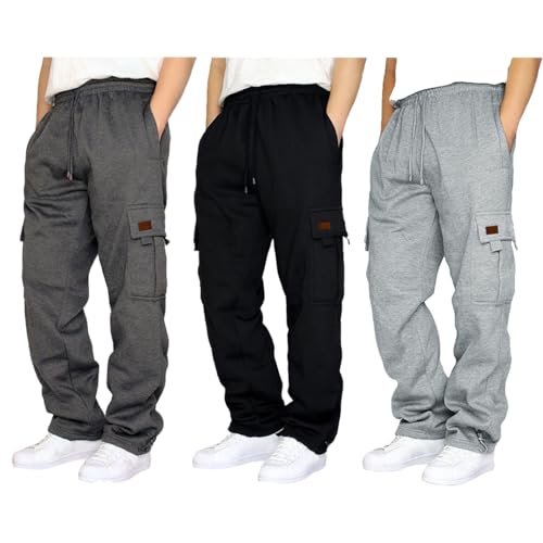 Men's Heavyweight Fleece Cargo Sweatpants Loose Fit Open Bottom Sweat Pants for Men with Pockets Joggers Trousers