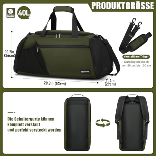 Sporttasche Herren 40L Groß Sporttaschen Reiserucksack Mehrere Taschen Rucksack mit Schuhfach Nassfach Wasserdicht für Schulter und Hand Trainingstaschen Weekender Tasche Sports Bags Armeegrün