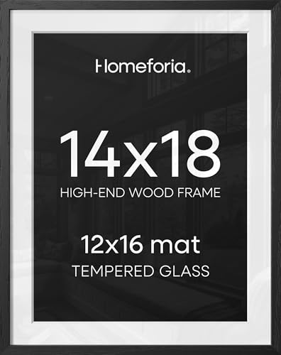 Image of Homeforia 14x18 Picture Frame Black Wood, High End Oak 14x18 Poster Frames with Mat 12x16 Photo, 14 x 18 Wooden Frame Matted to 12 by 16 Print, 18x14 Hanging Frames, Tempered Glass, Wall Kit, Set of 1