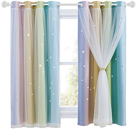 NICETOWN Blackout Curtains for Girls Bedroom - Star Cut Out Nursery Colourful Thermal Eyelet Panels with Net for Kids Room Decoration, 2 PCs, 52 x 54-inch, Rainbow