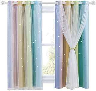 NICETOWN Blackout Curtains for Girls Bedroom - Star Cut Out Nursery Colourful Thermal Eyelet Panels with Net for Kids Room Decoration, 2 PCs, 52 x 54-inch, Rainbow