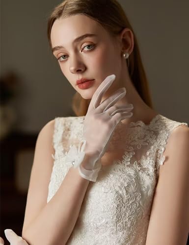 Women Bow Tulle Gloves with Pearls Short Mesh Tea Party Gloves Wedding Bridal Prom Formal Accessories2