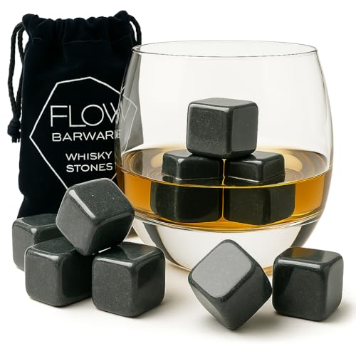 FLOW Barware Whiskey Stones | 12x Polished Granite Reusable Ice Cubes | Whisky Gifts for men | Bourbon Scotch Rum Whiskey Rocks | Whisky Stones with Storage Pouch