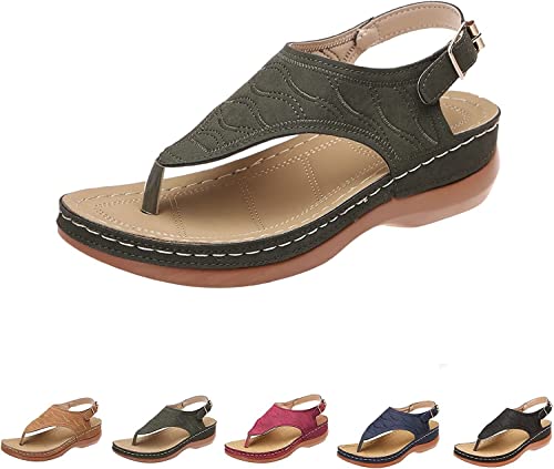 Dimleen Orthopedic Sandals, Womens Comfortable Platform Shoes Elastic Ankle Sandals for Women Casual Summer Wedge Flip Flops (Color : ArmyGreen, Size : 9/40) - Main Image