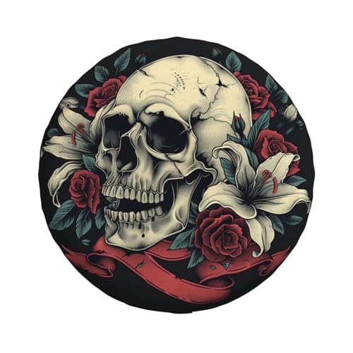 Image of Skull with Rose Spare Tire Cover, Universal Wheel Tire Cover Funny Skull Skeleton Tire Protectors for Trailer RV SUV Truck Camper 14 Inch