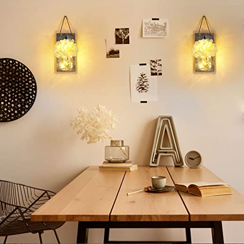 Mason Jar Wall Lights, Rustic Wall Sconces with 8 Modes Timer Remote Control Hanging Battery Powered Vintage LED Fairy Light with Artificial Flower Farmhouse Home Decor(Set of 2)