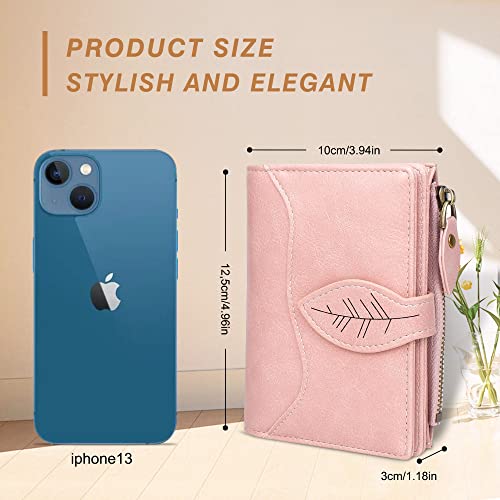 CONISY Small Wallet for Women, Compact Bifold Leather Wallet with Wristlet RFID Blocking Womens Wallet (Pink)4